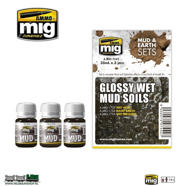 Ammo MIG 7442 Glossy Wet Mud Soils 3 potjes 35ml
